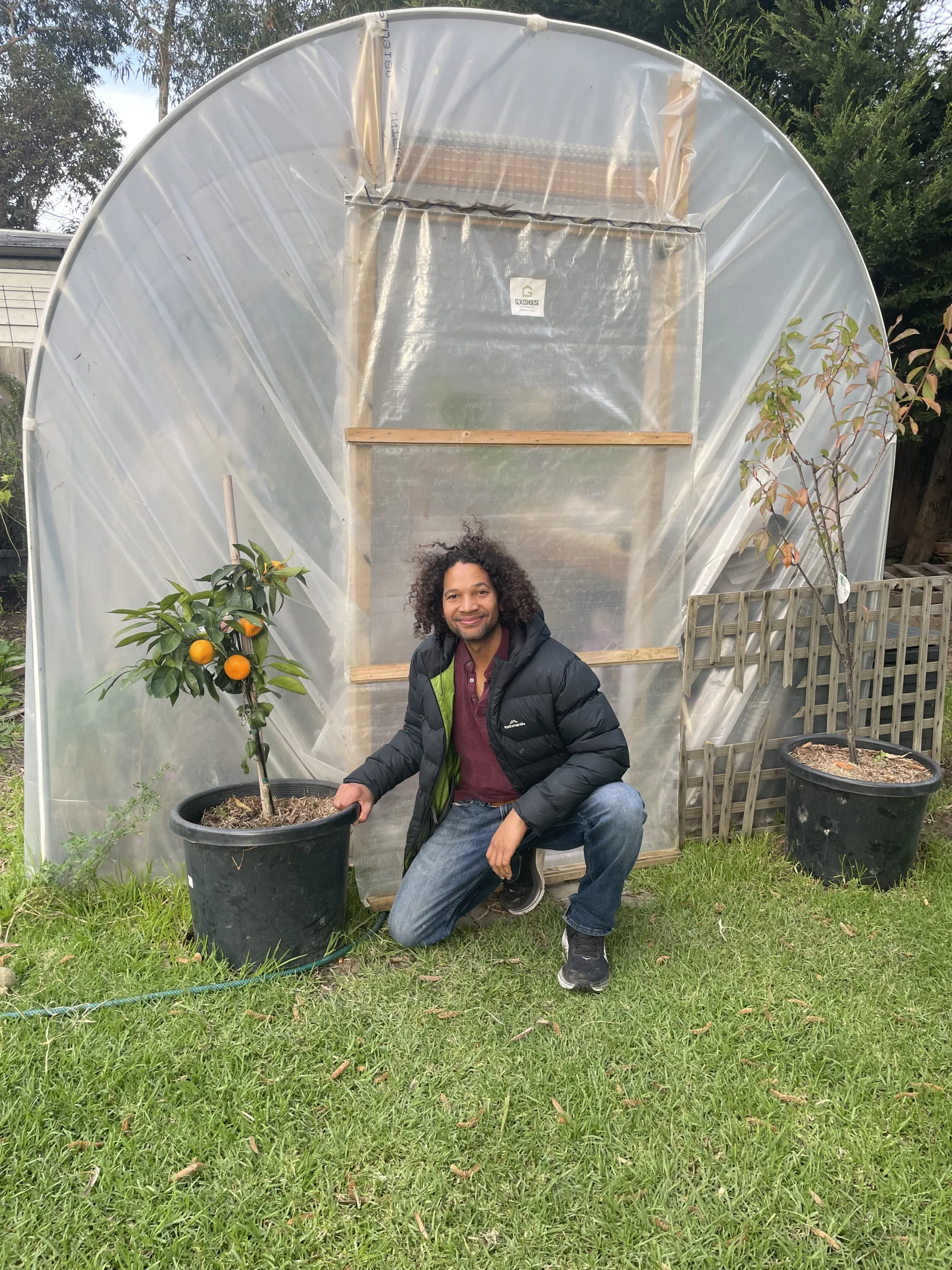 Karel in his backyard polytunnel greenhouse with potted citrus trees